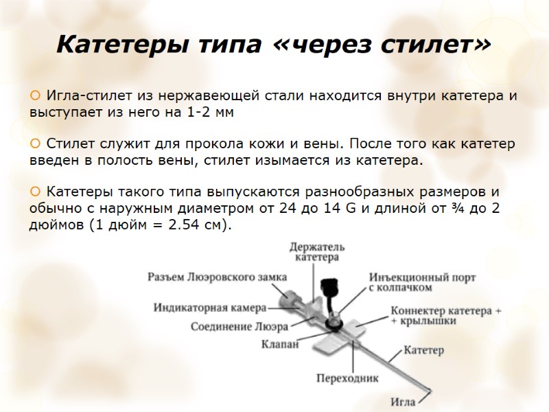 Катетеры типа «через стилет»  Игла-стилет из нержавеющей стали находится внутри катетера и выступает